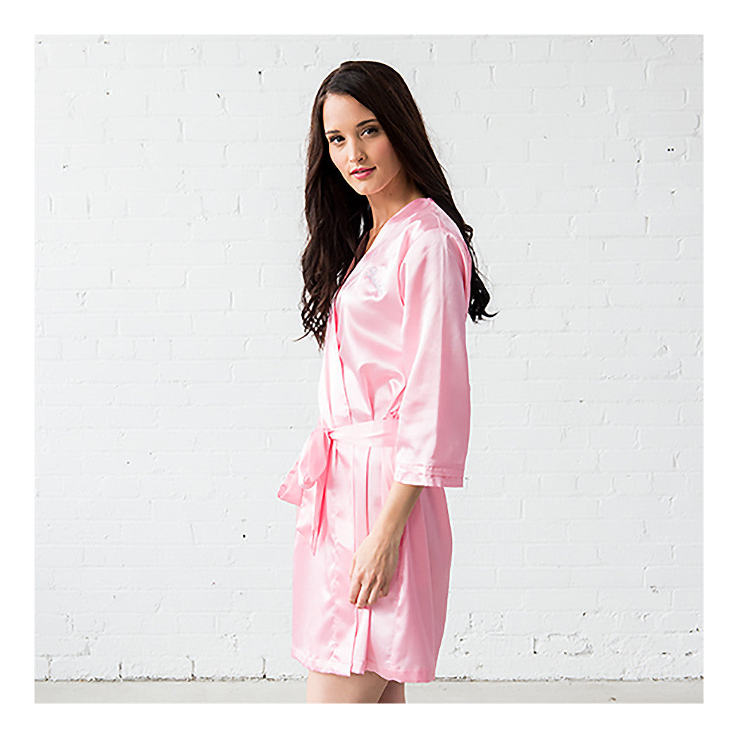 Pink silky kimono robe on model