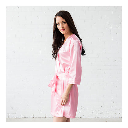 Pink silky kimono robe on model
