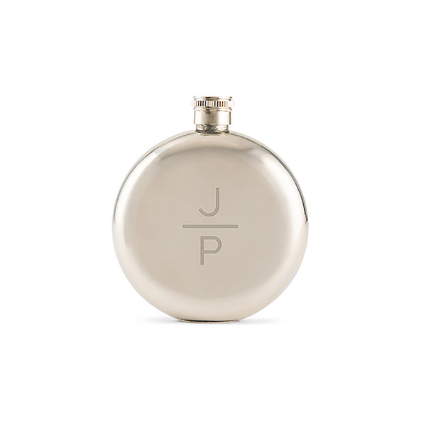 Round stainless steel flask with etched monogram
