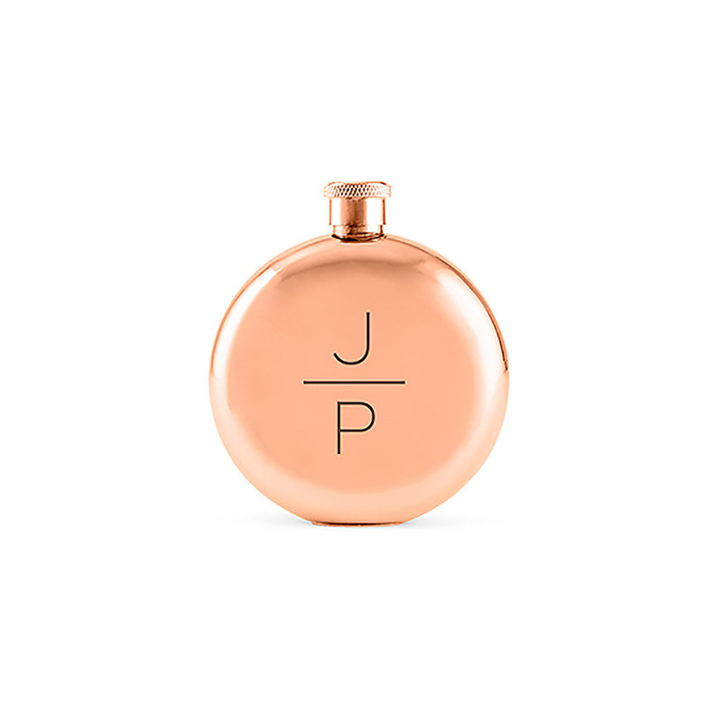 Round rose gold flask with monogram