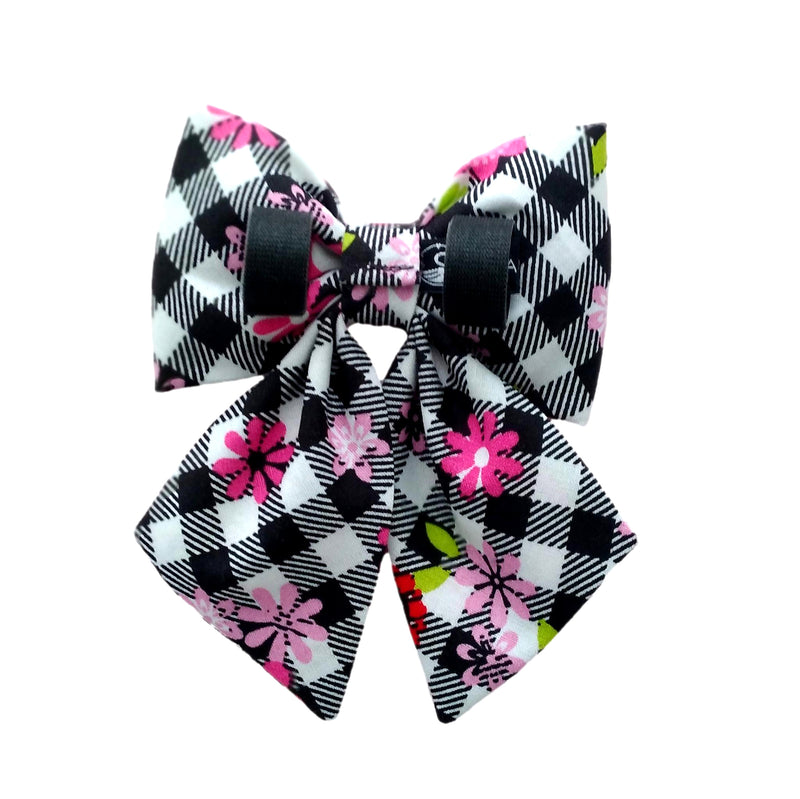 Black Check Bows for Dogs with Pink Flowers