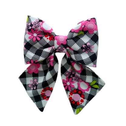 sailor bows for dogs in black and white check with pink flowers