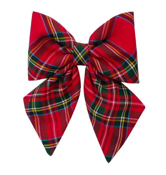 red tartan plaid dog sailor bows that attach to the collar in 4 sizes