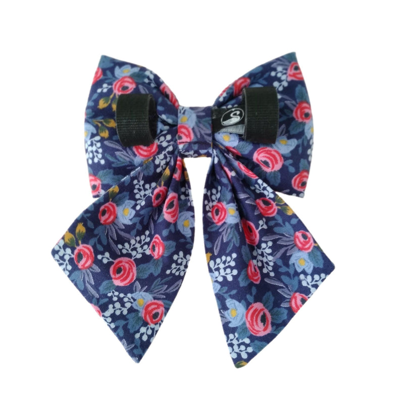 Navy Girl Dog Bows with Pink Flowers for the Collar
