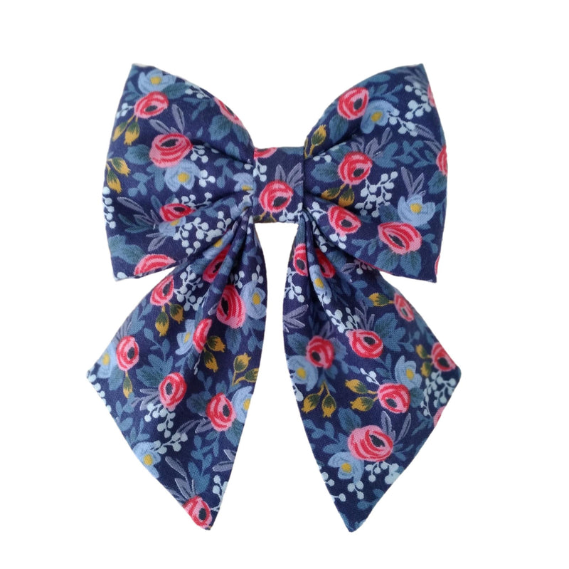 Navy sailor dog bows with pink flowers for the collar