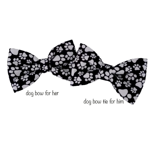 Black Dog Bow Tie with Paw Print for Collars