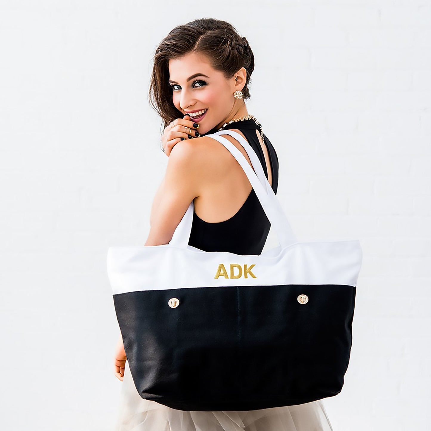 Black Canvas Color Block Tote Bag with Monogram